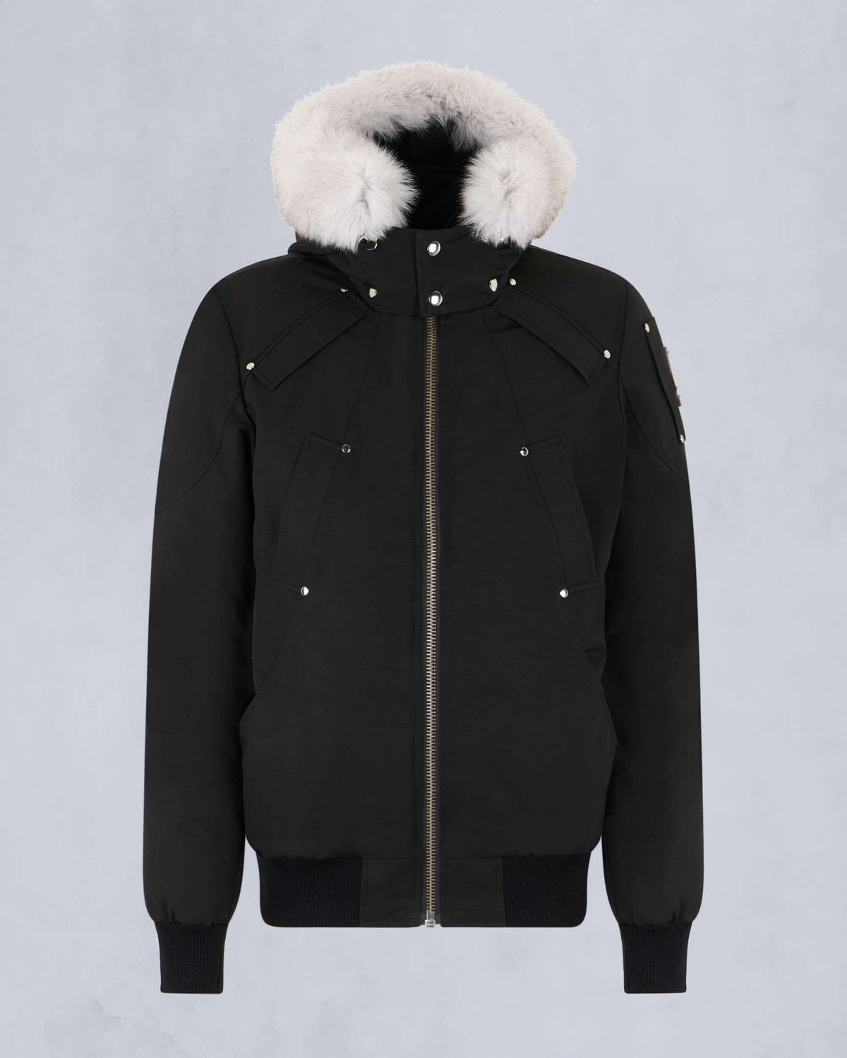 Moose Knuckles Black White Fur Hood Down Bomber Jacket