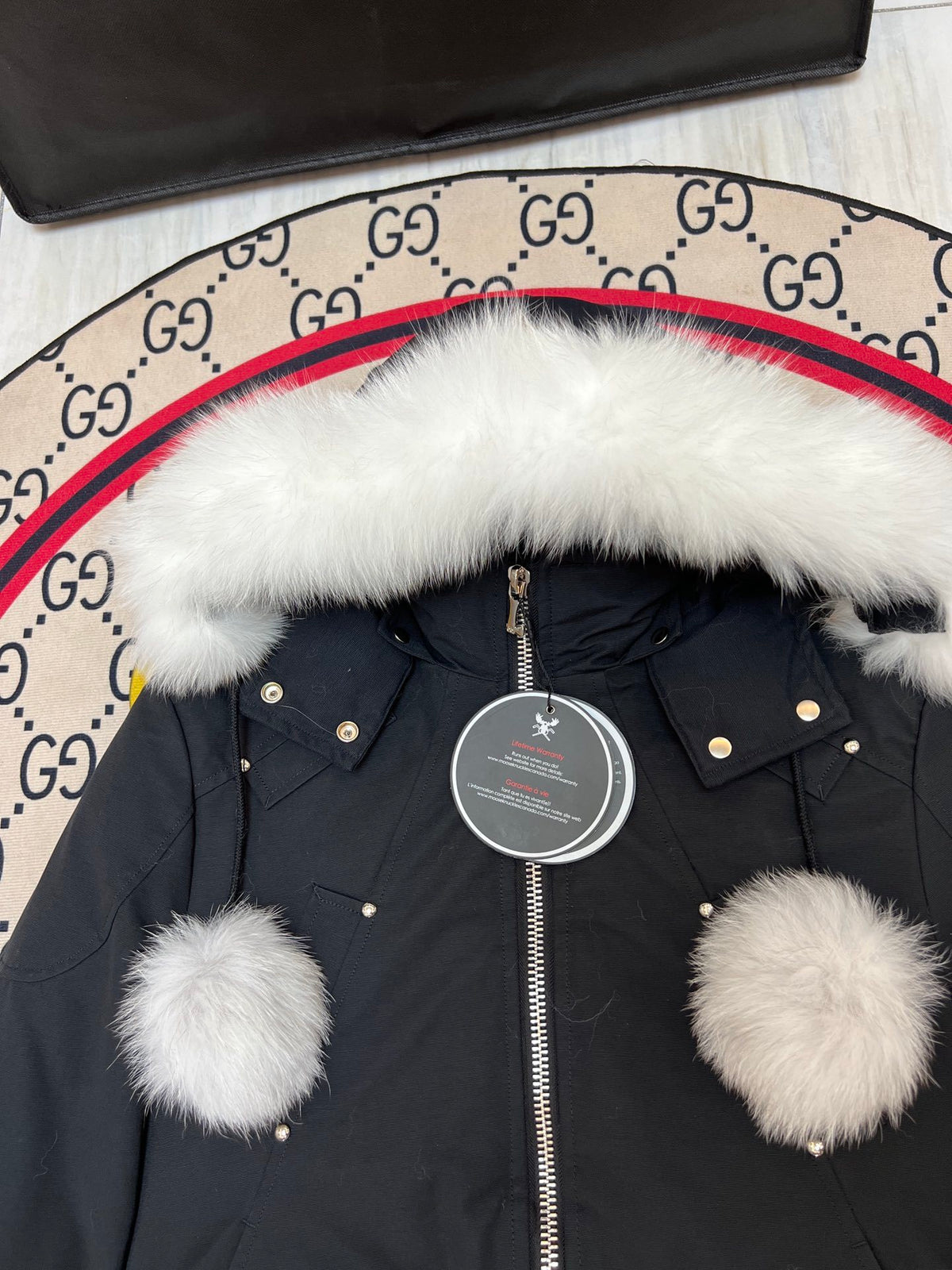 Moose Knuckles Stirling Parka Black White Fur Pom-Pom