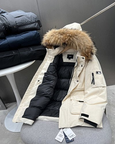 MLB NY Yankees Fur Trim Hooded Down Jacket Cream