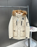 MLB NY Yankees Fur Trim Hooded Down Jacket Cream