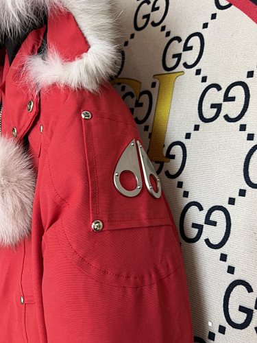 Moose Knuckles Stirling Parka Red White Fur Pom-Pom
