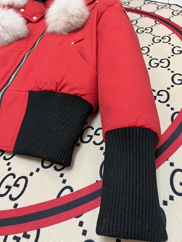 Moose Knuckles Stirling Parka Red White Fur Pom-Pom