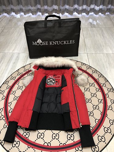 Moose Knuckles Stirling Parka Red White Fur Pom-Pom