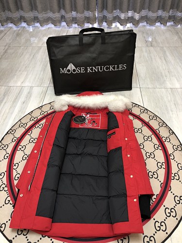 Moose Knuckles Stirling Parka Red White Fur Trim