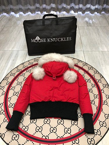 Moose Knuckles Stirling Parka Red White Fur Pom-Pom