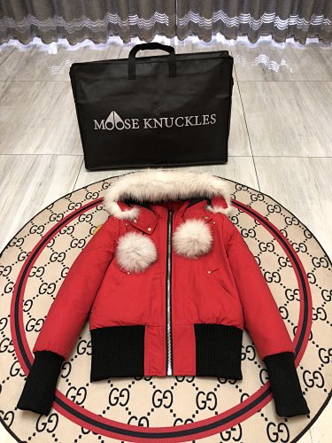 Moose Knuckles Stirling Parka Red White Fur Pom-Pom