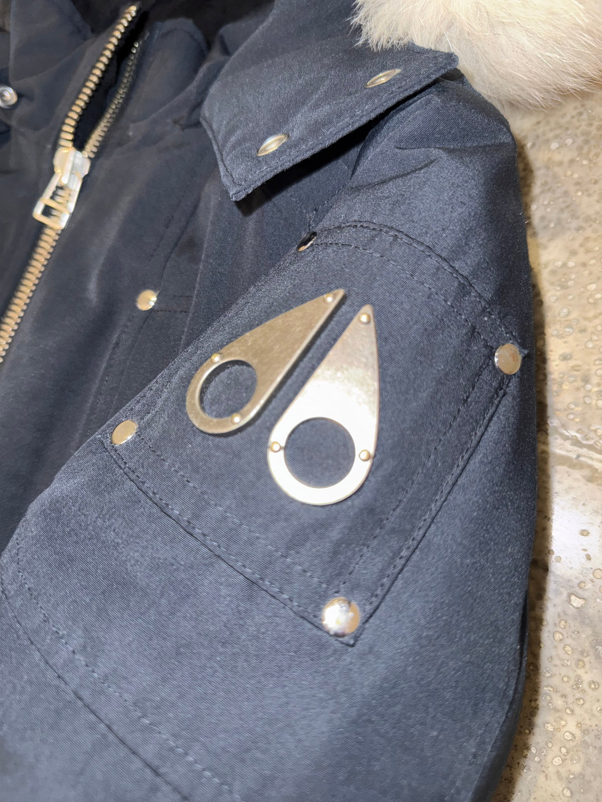 Moose Knuckles Navy Blue White Fur Hood Down Bomber Jacket