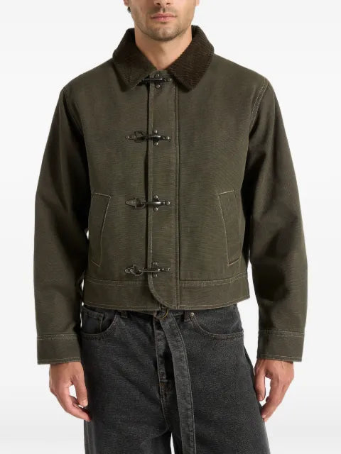 Manière De Voir Nino in olive clasp-detail contrast-stitch gabardine jacket