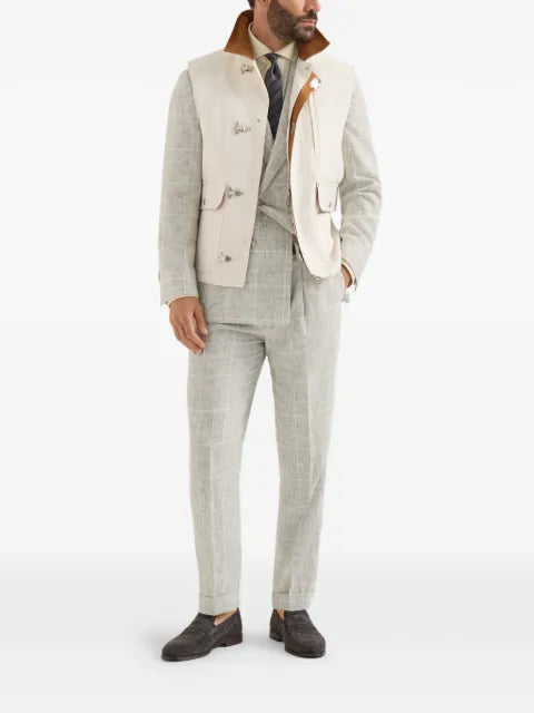 Brunello Cucinelli cotton and linen canvas vest with suede inserts and hook fastening