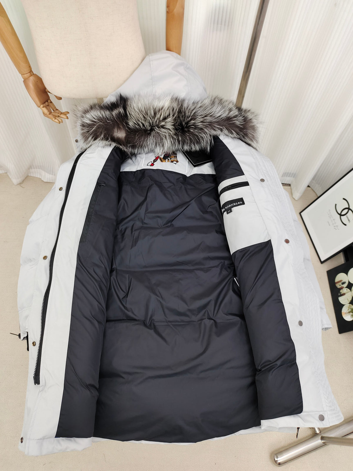 Moose Knuckles White Long Parka with Fur Hood