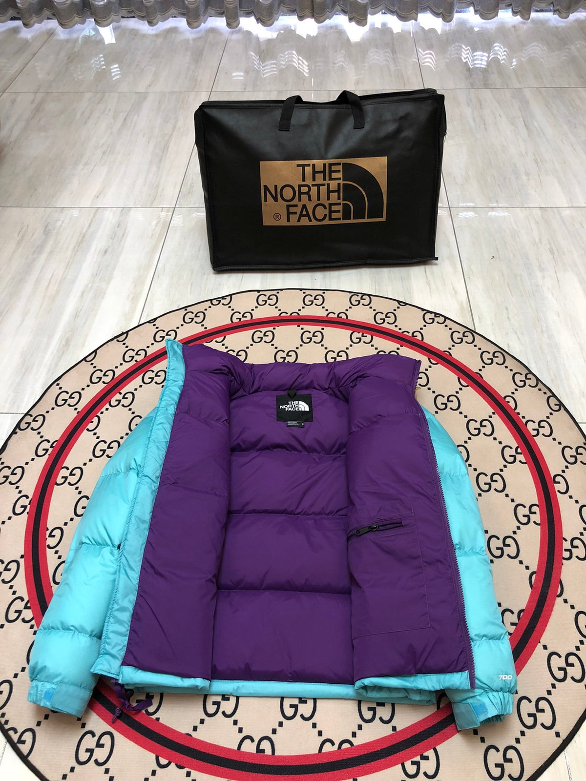 The North Face Nuptse 700 Down Jacket Teal Blue Purple Lining