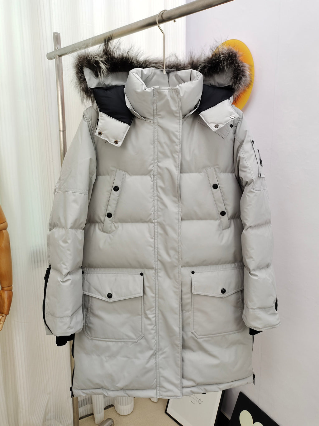 Moose Knuckles White Long Parka with Fur Hood
