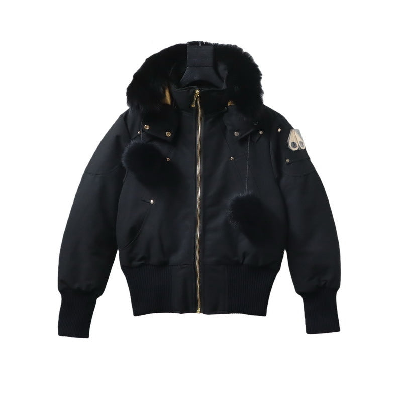 Moose Knuckles Black Fur Hood Down Bomber Jacket