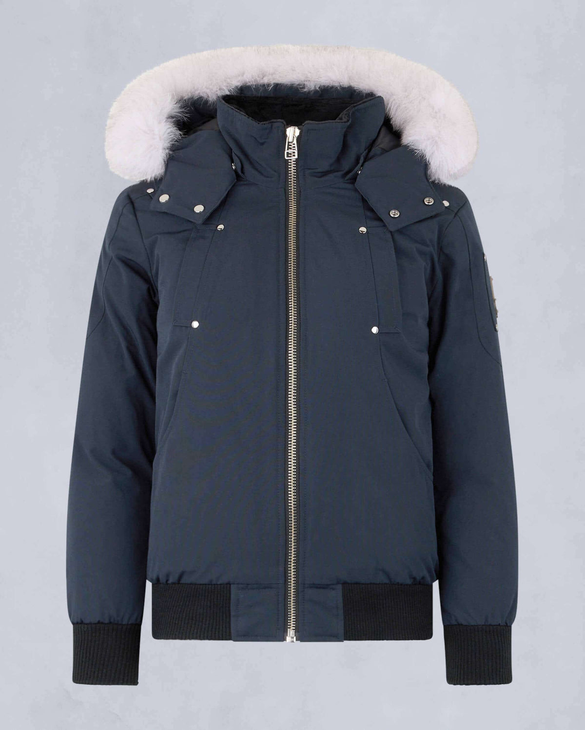 Moose Knuckles Navy Blue White Fur Hood Down Bomber Jacket