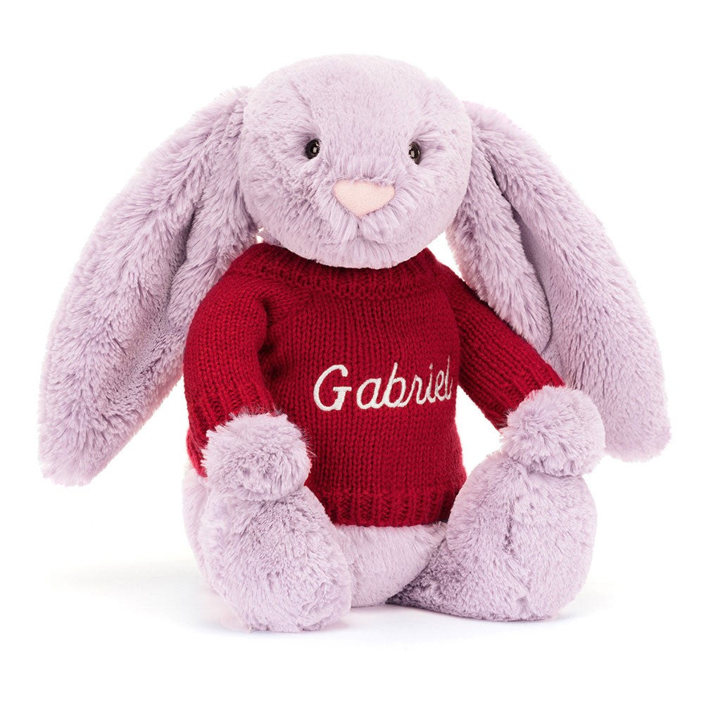 Bashful Lilac Bunny with Personalized Red Jumper