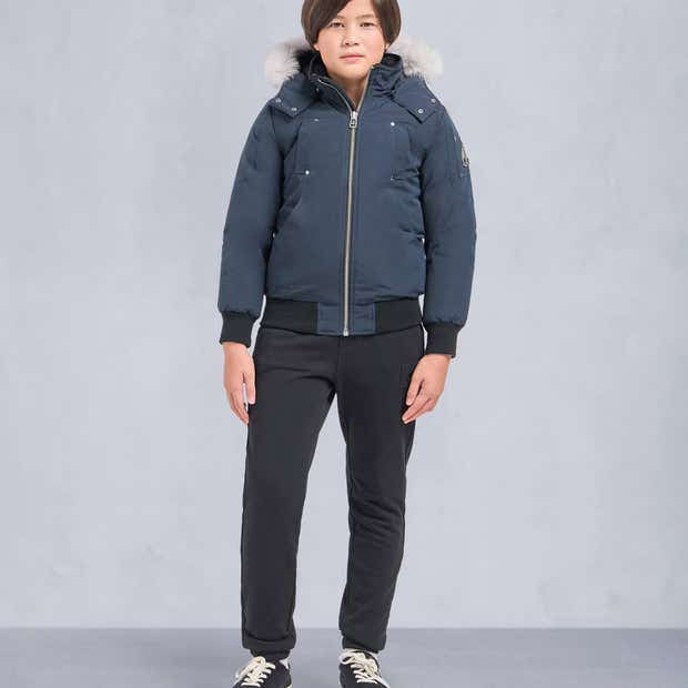 Moose Knuckles Navy Blue White Fur Hood Down Bomber Jacket