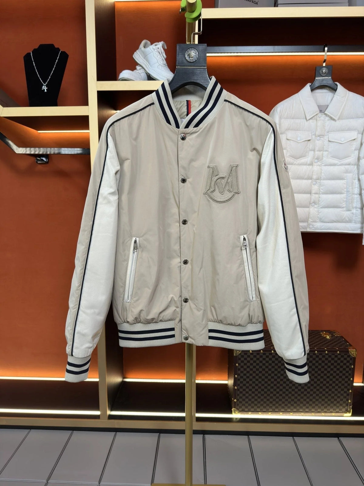 Moncler Cream Varsity Bomber Jacket
