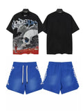 Godspeed Skull Graphic T-Shirt and Blue Shorts Set