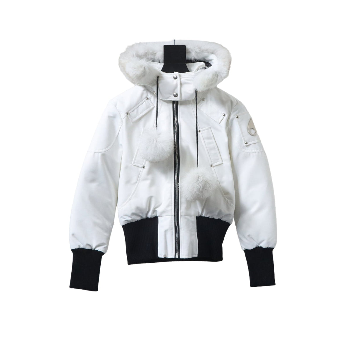 Moose Knuckles White Fur Hood Down Bomber Jacket