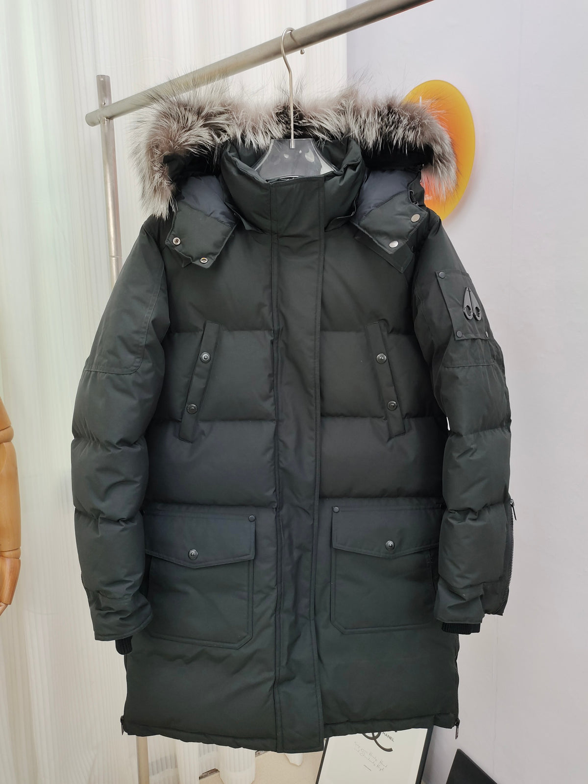 Moose Knuckles Black Long Parka with Fur Hood