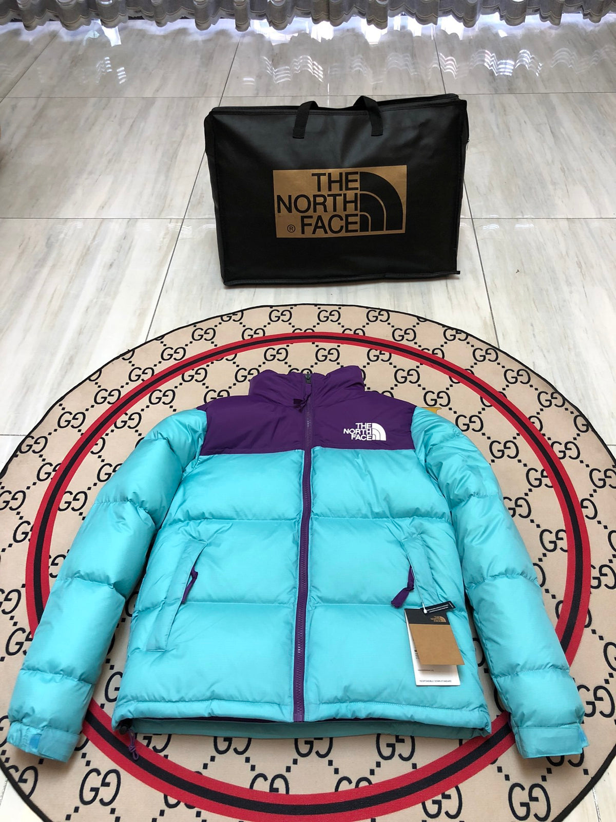 The North Face Nuptse 700 Down Jacket Teal Blue Purple Lining