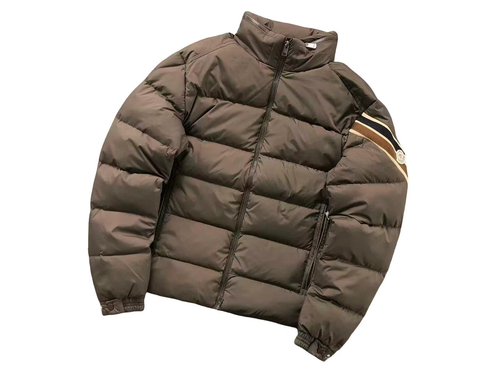 Moncler Taupe Brown Sleeve-Stripe Puffer Jacket