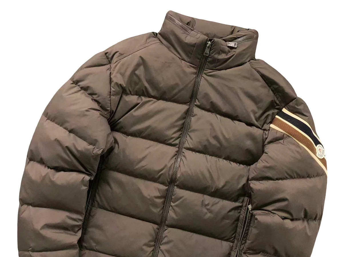 Moncler Taupe Brown Sleeve-Stripe Puffer Jacket