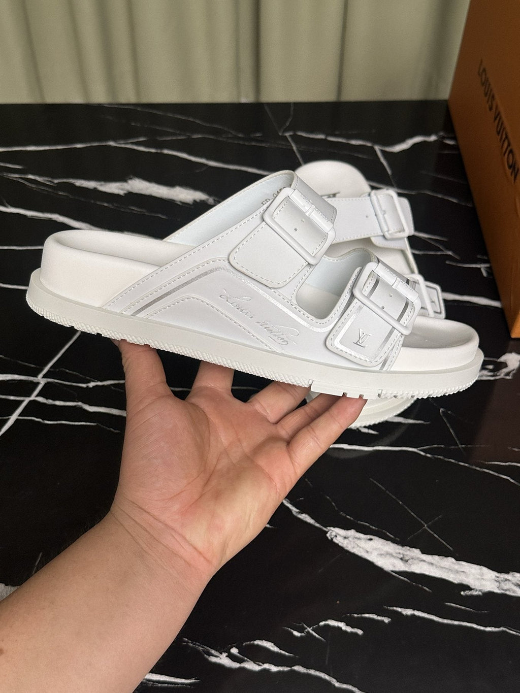 Louis Vuitton Men's White Double-Buckle Slide Sandals
