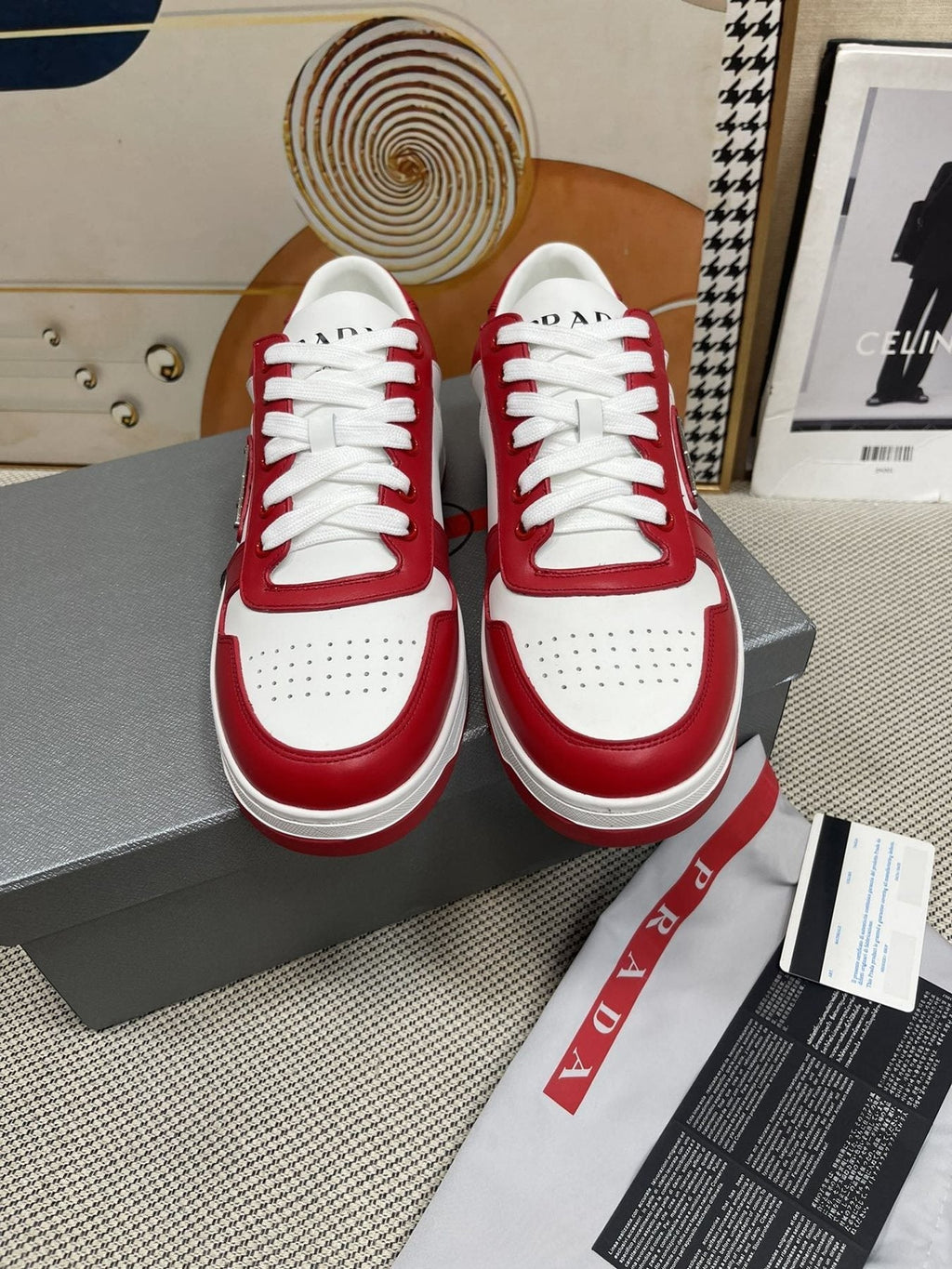 Prada Red and White Low-Top Sneakers