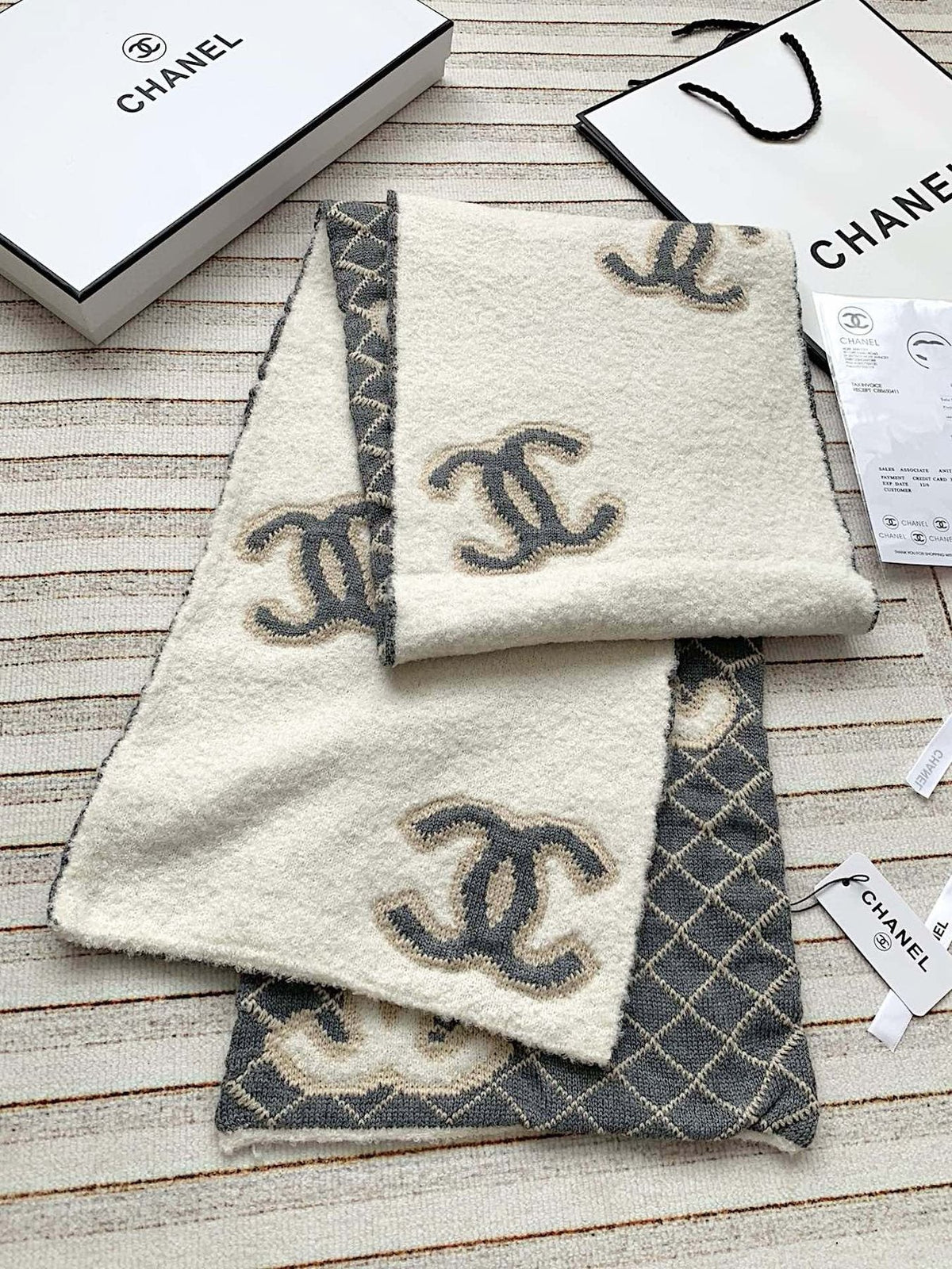 Chanel Gray & Ivory Diamond-Pattern Scarf