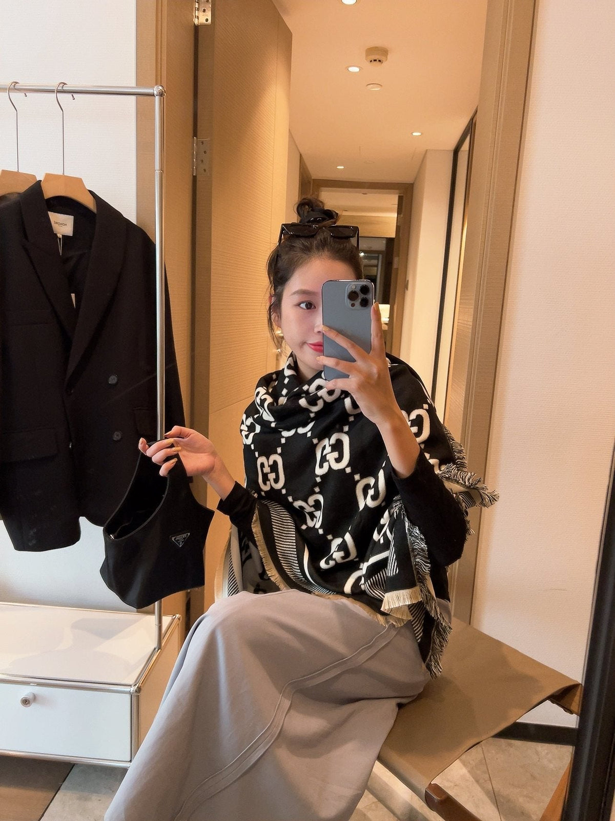 Gucci Black and Ivory Monogram Square Scarf
