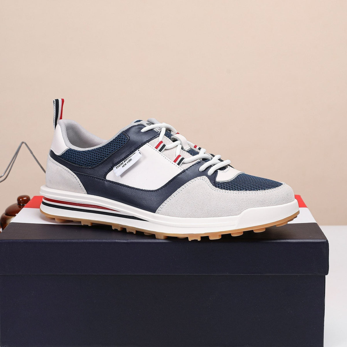 Thom Browne White Navy Panel Low-Top Sneakers