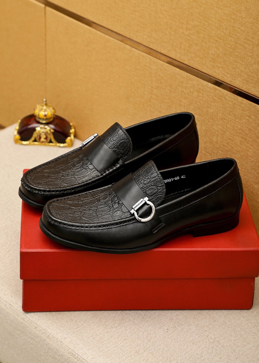 Ferragamo Textured Metal Bit Leather Loafers