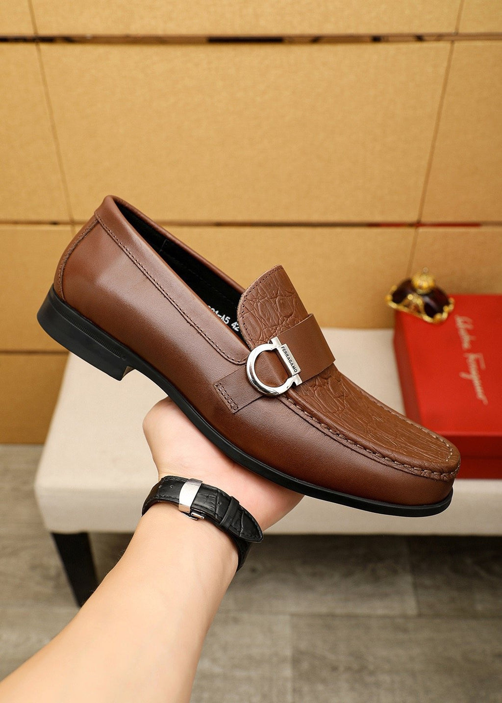 Ferragamo Textured Metal Bit Leather Loafers